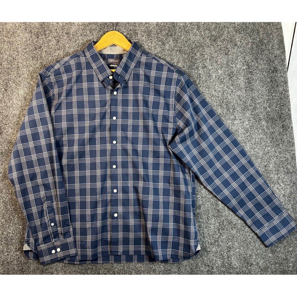 Van Heusen Never Tuck Slim Fit Mens XXL Navy Blue Plaid Button Down Shirt